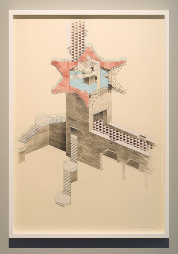 Charles Avery Untitled (Axonometric view of concave station, Onomatopoeia City Wall), 2019 pencil, acrylic, ink and watercolour on paper 103 x 72.5 x 4.5 cm 40 1/2 x 28 1/2 x 1 3/4 in (framed)