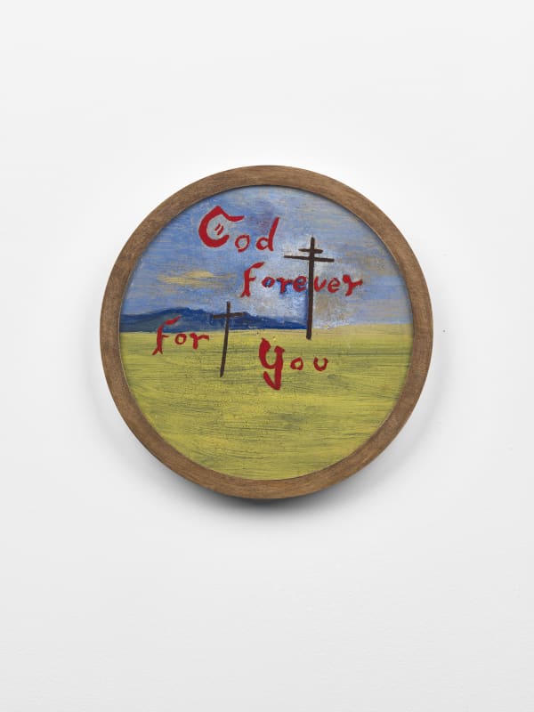 Frank Walter Untitled (God Forever For You) Oil on asphalt roofing material with Masonite backing 17.5 cm diameter