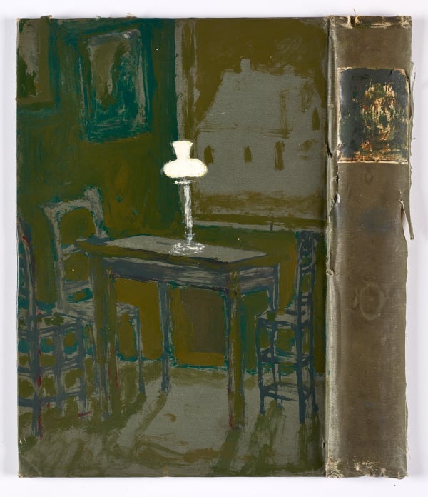 Andrew Cranston The one light we keep on, 2018 enamel and oil on hardback book cover 28.2 x 24.5 cm 11 1/8 x 9 5/8 in