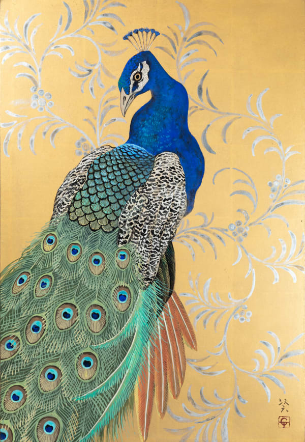 Ken Matsubara Gilded Peacock 孔雀, 2023 Bengara iron oxide, washi paper, mineral pigments, gold