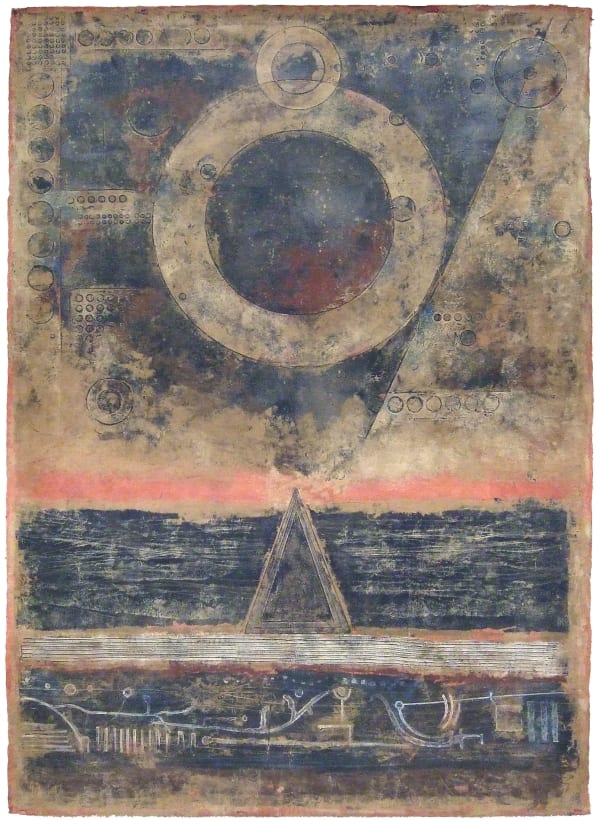 Ken Matsubara Kaze no Bon "Moon" 風の盆「月」, 1987 Bengara iron oxide, washi paper, mineral pigments, sumi charcoal