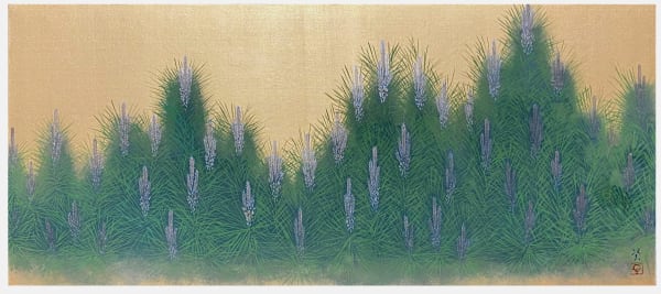 Ken Matsubara Gilded Pines 松, 2022 Bengara iron oxide, washi paper, mineral pigments, sumi charcoal, gold