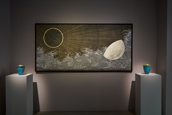 Ken Matsubara Sun and Moon 日月, 2025 Bengara iron oxide, torinoko gampi washi paper, soil tonoko powder, mica, bond, Japanese wood glue, sumi charcoal, white gold leaf