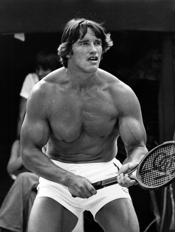 Ron Galella, Arnold Schwarzenegger at the 6th Annual Robert F. Kennedy Tennis Tournament, Forest Hills Tennis Stadium, Forest Hills, NY, August 27, 1977