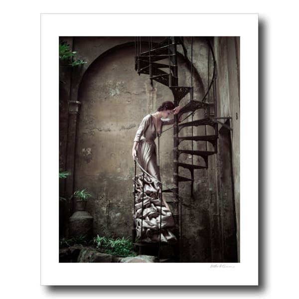 Milton H. Greene, An unknown model on an outdoor spiral staircase in Italy, 1951