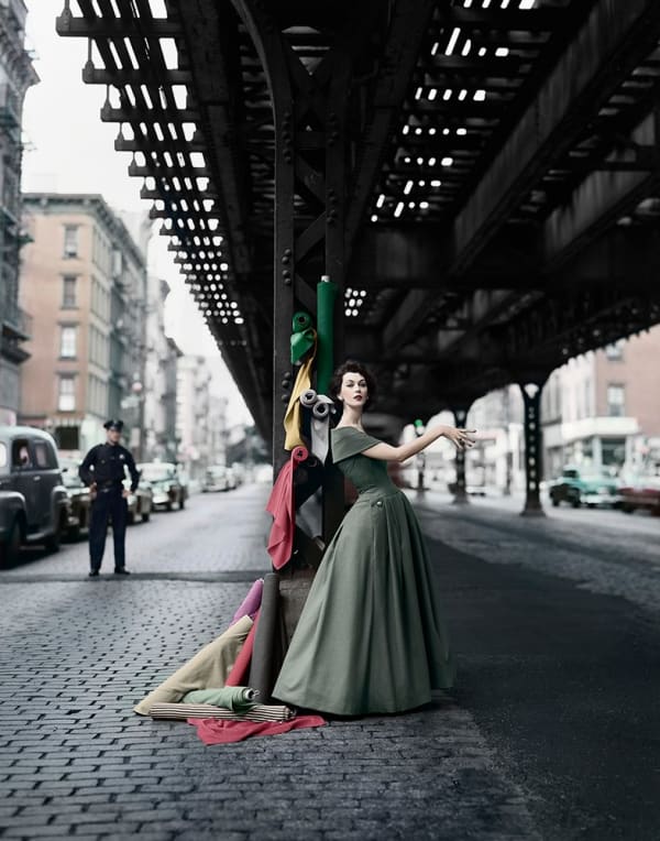 William Helburn, Dovima Under the El, "Dior Creates Cosmopolitan Drama", NYC, 1955