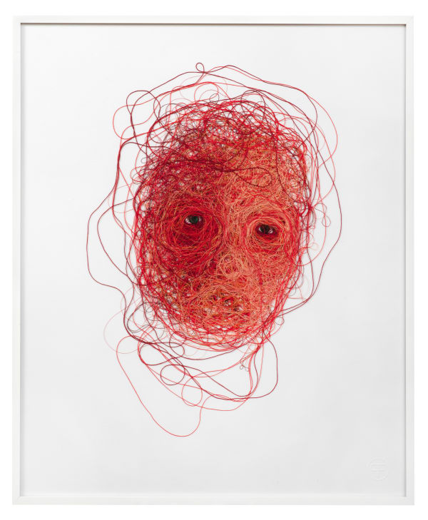 Patricio Fernández Hebras 05, 2023 Embroidery and sewing threads on Canson 250 gr paper mounted on foamboard and wood, pressed with glass 55 x 45 cm