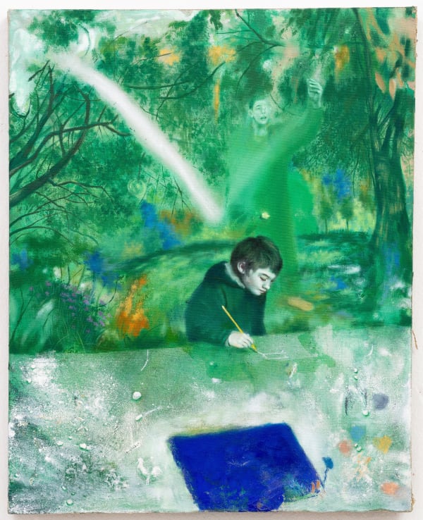 Elías Santis Brotar (perforando las capas del suelo), 2023 Acrylic and oil on found vintage framed canvas 48 x 37 cm