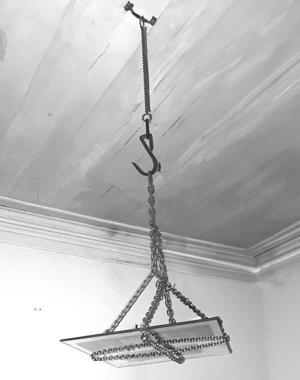 Kam Roi Resistir, 2023 Chains, anti-reflective glass, identity card, dental X-ray, hand X-ray, glass, transparent thread, slaughterhouse hook. Variable Dimensions