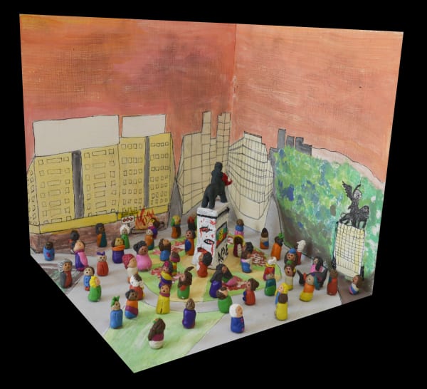 Fernanda Núñez Memoria Fabricada - Plaza Dignidad, Marcha Del 25 De Octubre, 2019 Clay, tempera, cardboard and recycled objects on MDF 25 x 25 x 25 cm