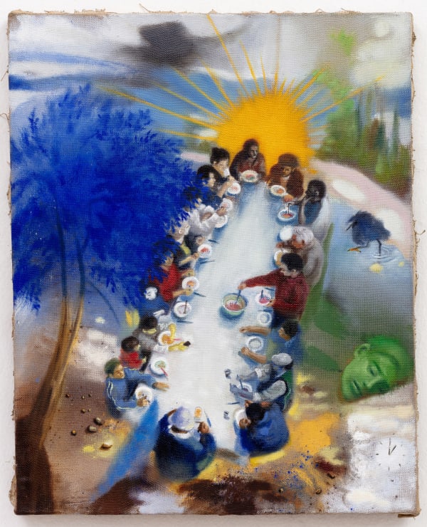 Elías Santis Una grulla que llama en la sombra. Su polluelo le contesta. Tengo una buena copa, la quiero compartir contigo, 2023 Acrylic and oil on found vintage framed canvas 40 x 30 cm