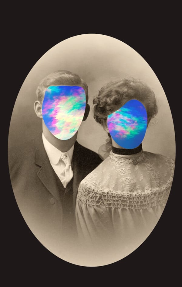 Andrea Wolf Faces, Traces (couple 4), 2018 Vintage found photograph, custom-made pixel sorting processing application, video loop, framed HD monitor 25 x 17 cm