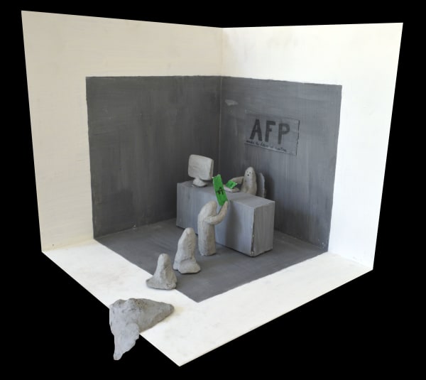 Fernanda Núñez Memoria Fabricada - AFP, 2019 Clay, tempera, cardboard and recycled objects on MDF 25 x 25 x 25 cm