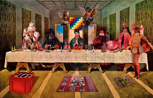 Cholita Chic La Última Cena de Santa Marica, Travestismo en el Folclore Andino, 2025 Documentary photography with collage and digital illustration on fabric 150 x 180 cm
