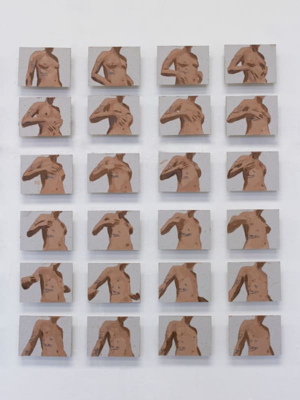 Florencia Vásquez des/hacerme 3, 2021 Oil and carbon paper on pasteboard, polyptych (7.5 x 10 cm each) 67 x 57 cm