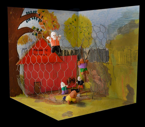 Fernanda Núñez Memoria Fabricada - Sename, 2019 Clay, tempera, cardboard and recycled objects on MDF 25 x 25 x 25 cm