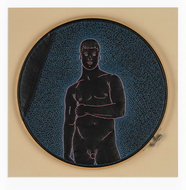 John Thomas Paradiso Leather Boy, 2019 Hand-stitched repurposed leather, cotton batting and cotton back, with wood hoop on wood panel 40.5 x 40.5 x 5 cm