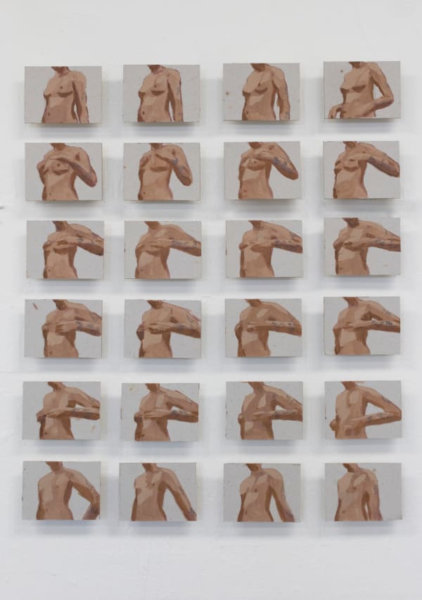 Florencia Vásquez des/hacerme 1, 2021 Oil and carbon paper on pasteboard, polyptych (7.5 x 10 cm each) 67 x 57 cm