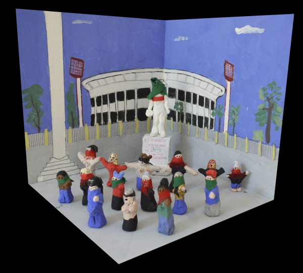 Fernanda Núñez Memoria Fabricada - El Violador Eres Tú, 2019 Clay, tempera, cardboard and recycled objects on MDF 25 x 25 x 25 cm