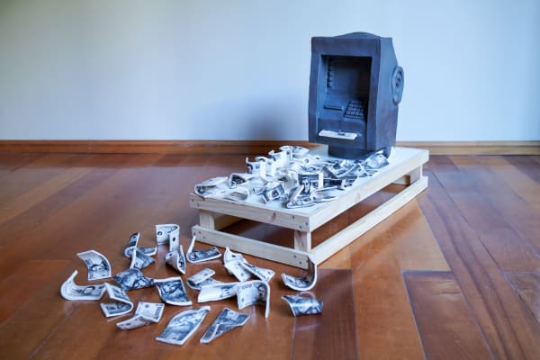 Vicente Prieto Gaggero Cajero Automático y Billetes, 2021 Vitrified hand-built pigmented ceramic and silkscreen print Variable dimensions