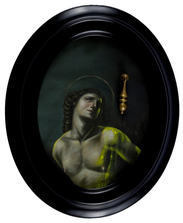 Armando de la Garza 0.07, 2022 Oil and vintage bronze piece on linen on masonite 22 x 18 cm