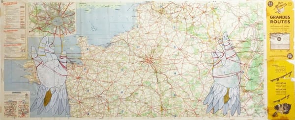Axel Ríos Grandes Routes Michelin, 2016 Gouache and 24k gold leaf on old map 50 x 110 cm