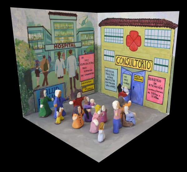 Fernanda Núñez Memoria Fabricada - Consultorio, 2019 Clay, tempera, cardboard and recycled objects on MDF 25 x 25 x 25 cm