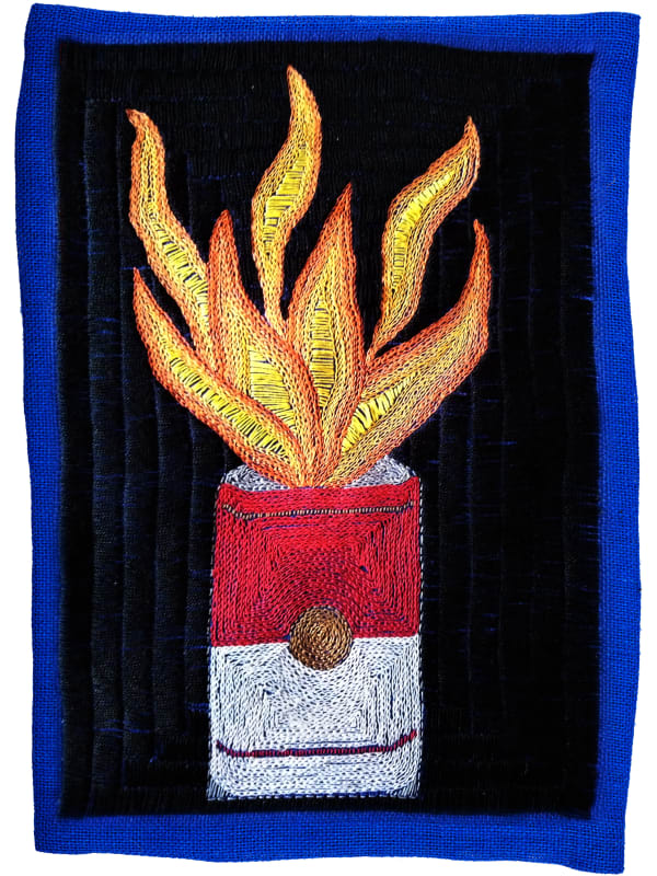 Paloma Castillo War, 2021 Hand embroidery with cotton threads on blue jute 52.5 x 38.5 cm