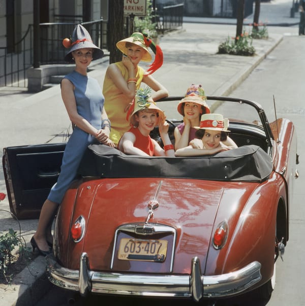 Mark Shaw, Beach Hat Models in Red Jaguar, 1959
