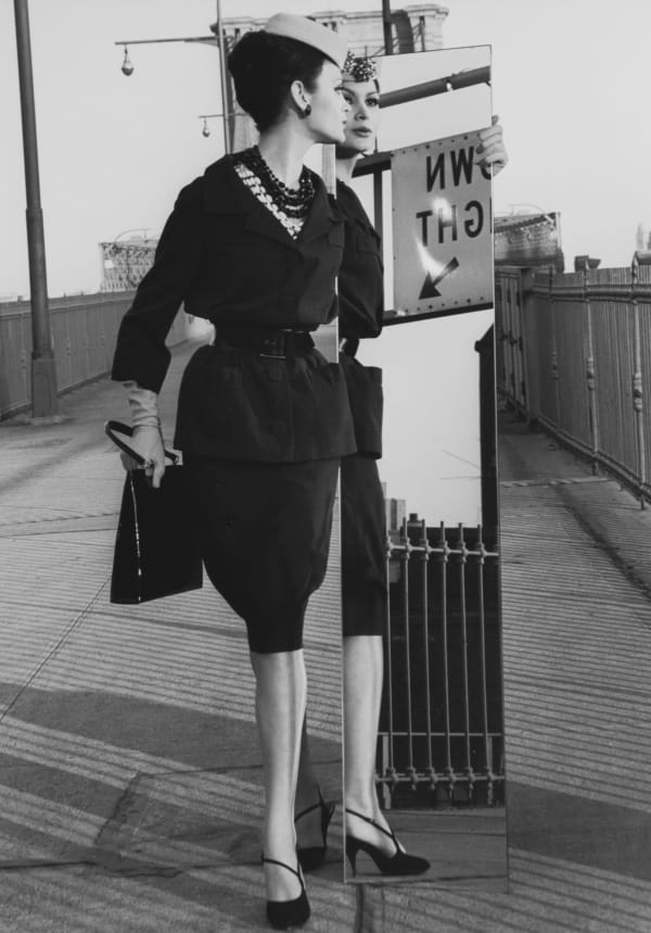 William Klein, Isabella + Brooklyn Bridge, New York (Vogue), 1962