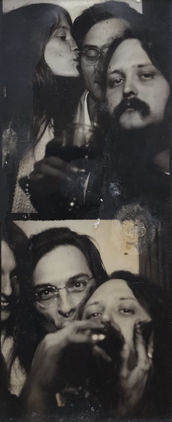 William Eggleston, Double Self-Portrait with Marcia & Randall Drinking in a Photo Booth, ca. 1974