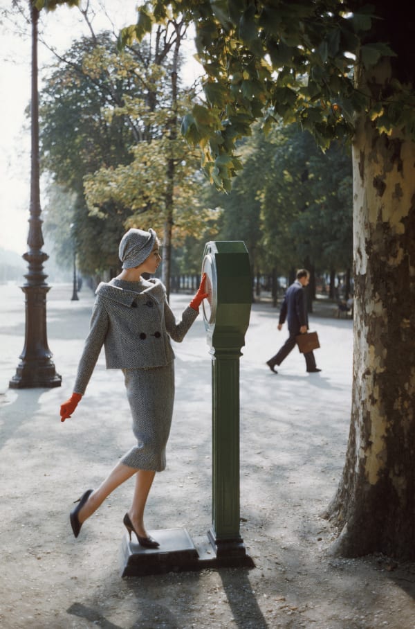 Mark Shaw, Model in Pierre Cardin Suit on Scale in Tuilleries, 1957