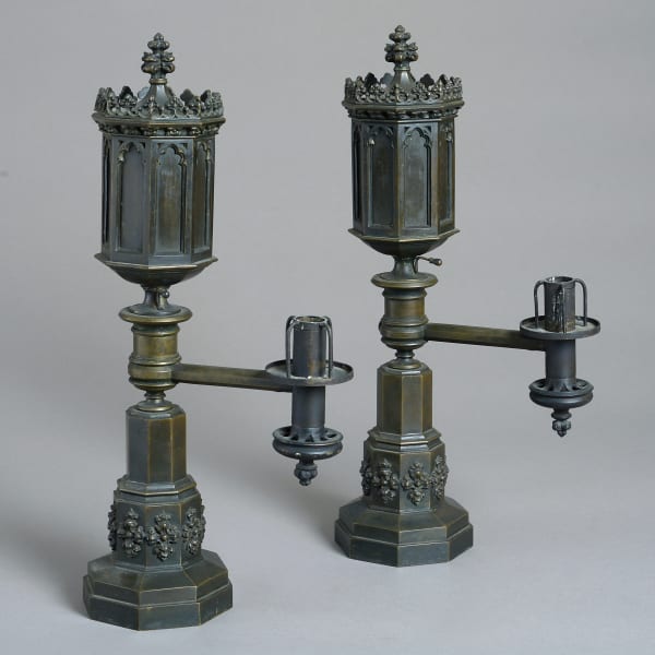 PAIR OF GEORGE IV GOTHIC BRONZE COLZA LAMPS