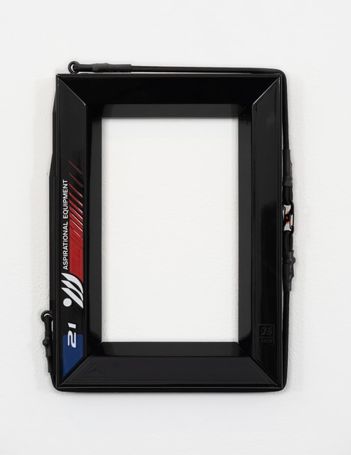 Ben Edmunds Almost Somewhere 8, 2021 Gloss paint on wood, perspex, shock cords and carabiners 29 x 20.5 x 2.8 cm