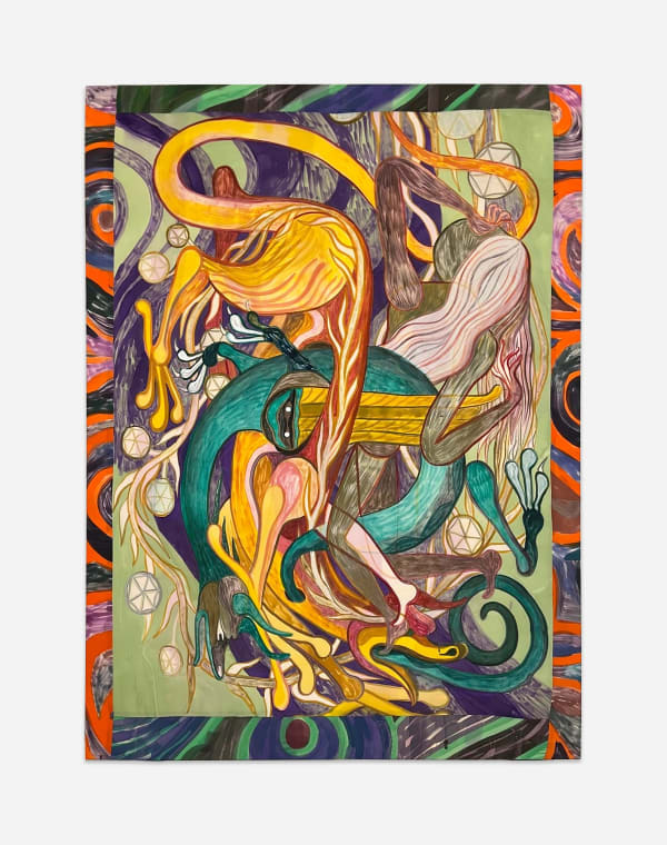 Emma Talbot Tangled Beings, 2024 Acrylic on silk 533.4 x 393.7 cm