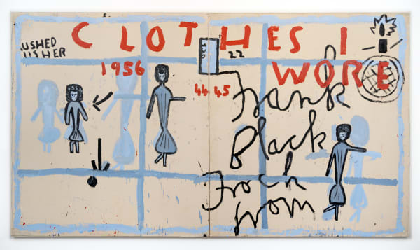 Rose Wylie Blue Girls, Clothes I Wore, 2019 Oil on canvas 183.5 x 325.5 cm