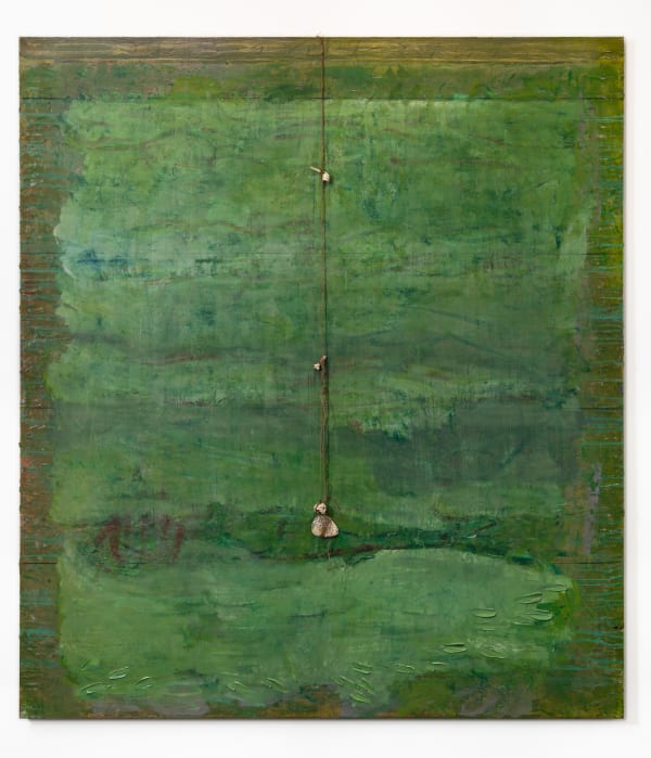 Simon Burton Low tide wandering, 2019-2022 Oil and charcoal on Linen, twine, victorian clay pipe fragments, masking tape, shell, coin and north sea keel worm cast 220 x 195 cm