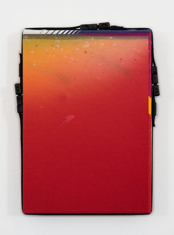 Ben Edmunds Almost Somewhere 5, 2021 Fabric dye and acrylic on canvas, artist’s frame with custom straps 29.5 x 22 x 3.6 cm