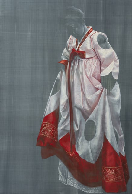 Helena Parada-Kim Hanbok in red and white, 2020 Oil on linen 160 x 110 cm