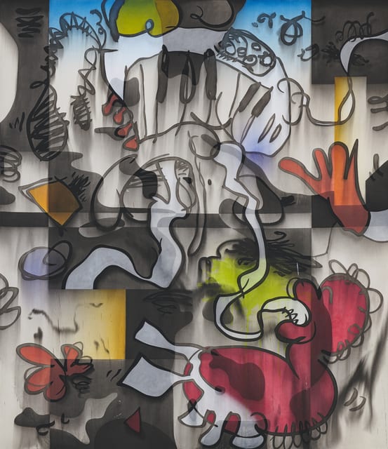 Jan-Ole Schiemann Synth.Hor. - Red Shoe, 2018 Ink & Acrylic on Canvas 180 x 155 cm