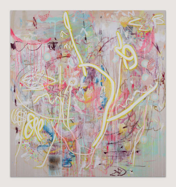 Yun Kyung Jeong FS - Flyin Egg, 2022 Acrylic and mixed media on unprimed canvas 160 x 150 cm