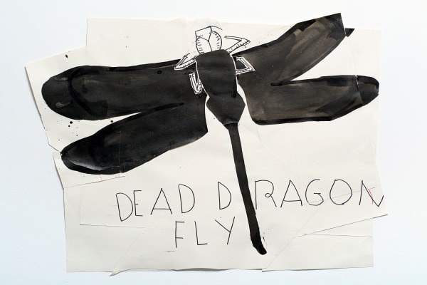 Rose Wylie Dead Dragon Fly (Poseda) , 2014 Ink and collage on paper 75 x 109 cm