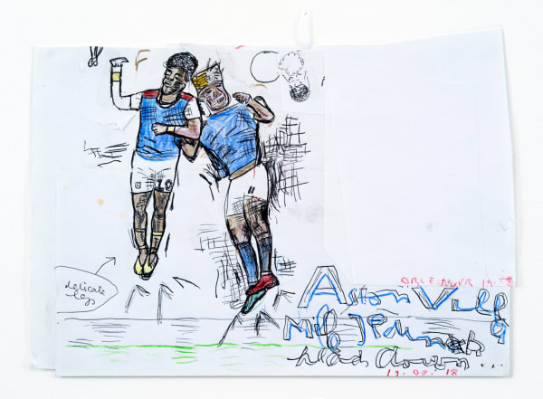 Rose Wylie Aston Villa, Heading, 2018 Biro, coloured pencil and collage on paper 22.7 x 31.6 cm