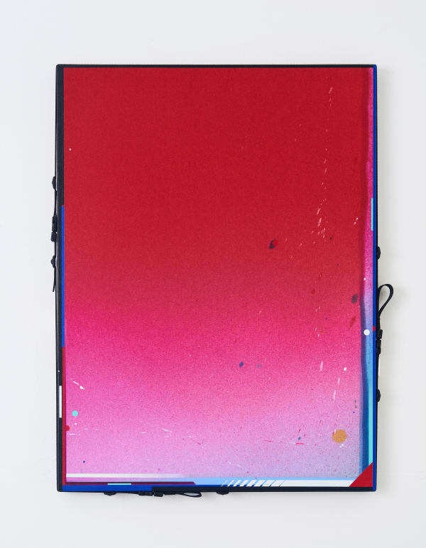 Ben Edmunds It’s not too late to take flight , 2023 Fabric dye and acrylic on canvas with webbing and buckles 80 x 60 cm