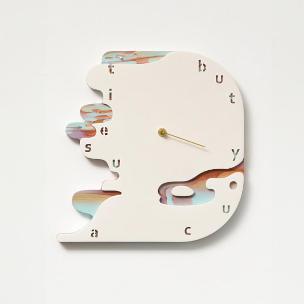Jiyoung Yoo but you can spend it., 2025 Oil on birch plywood, Jesmonite, clock mechanism with brass second hand 30 x 29 x 4 cm