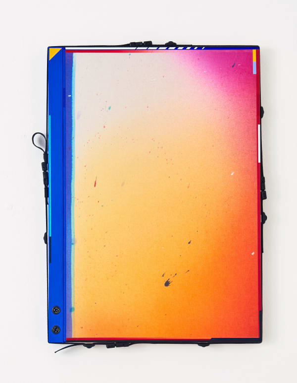 Ben Edmunds It’s the time for life , 2023 Fabric dye and acrylic on canvas with gloss painted wooden bar, webbing and buckles 60 x 40 cm