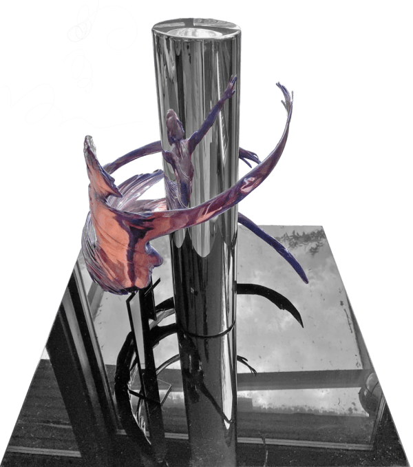 Artwork entitled "Arabesque" by Jonty Hurwitz. Cylindrical mirror with chrome dancer side view