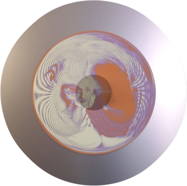 Front view of a round, floating metal sculpture that reveals an anamorphic portrait of Albert Einstein, created by artist Jonty Hurwitz.