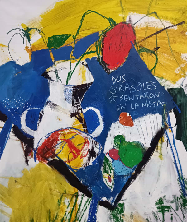 Luis Olaso, Composition for two Sunflowers, a pot, and a table, 2022