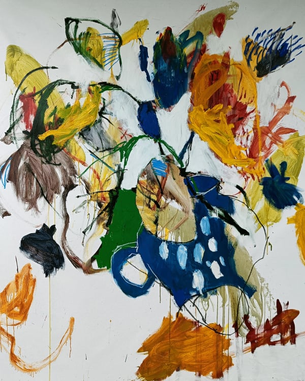 Luis Olaso, Composition for a ceramic vase with flowers and banana tree leaves, 2023